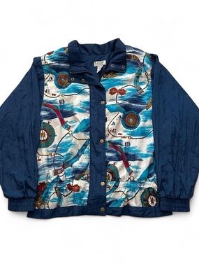 Vintage 90s Lavon Navy Blue Boat Patterned Windbreaker Jacket L